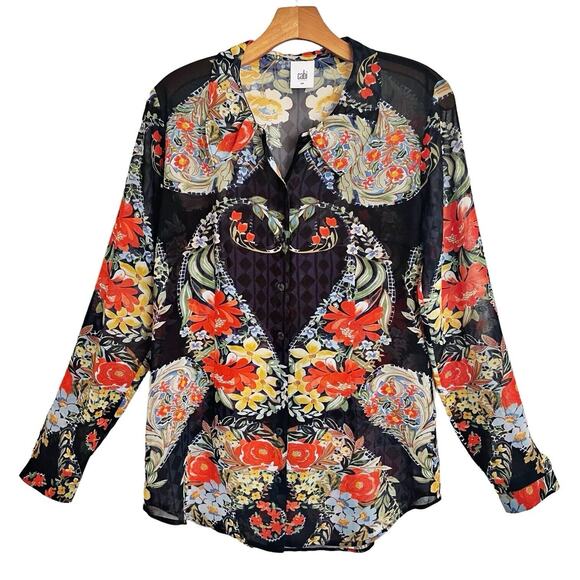 Cabi Blouse Size Small Amour Floral Heart Navy Blue Button Up Shirt Romantic - Picture 1 of 9